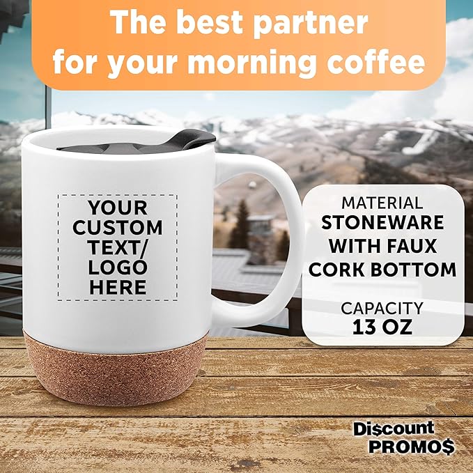 Custom Barista Ceramic Mugs with Cork Bottom 13 oz Set of 12/36/72 Personalized Bulk Pack Perfect for Coffee Tea Espresso Hot Cocoa Other Beverages - White
