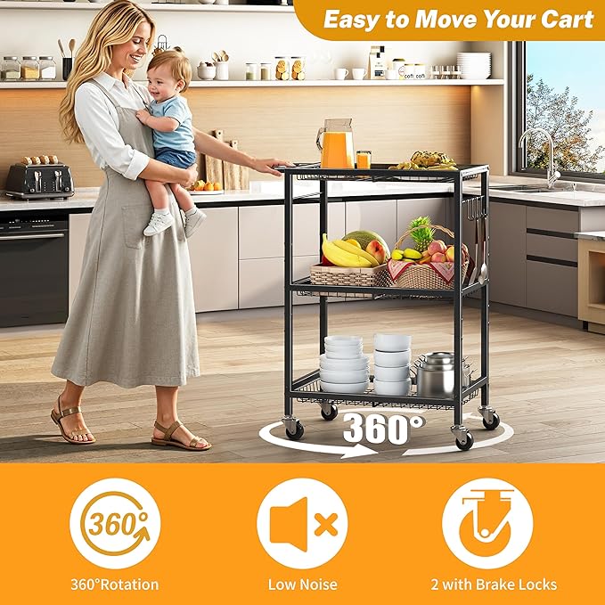 3-Tier Rolling Cart, Space-Saving Kitchen Cart with 150Lbs Capacity, Black Storage Cart with 2 Lockable Wheels for Kitchen Island, Restaurant, Garage, Backyard