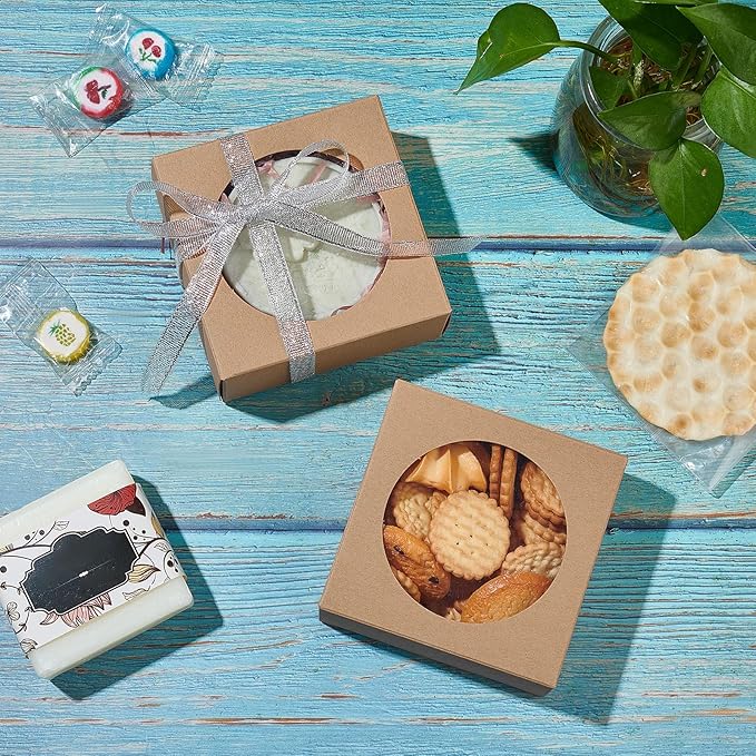 BENECREAT 24 Packs 3.7x3.7x1.5inch Round Clear PVC Window Gift Boxes, Square Brown Kraft Present Packaging Boxes for Party Favor Treats, Bakery, and Jewelry Packaging