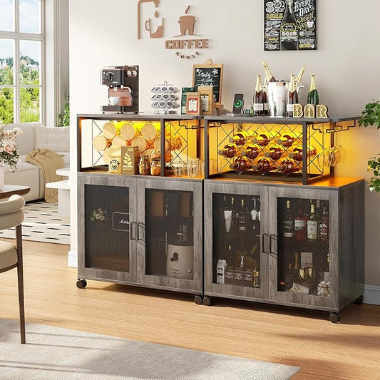 Small Bar Cart with Wheels, Liquor Cabinet with LED Light, Wine Bar Cabinet with Power Outlets, Home Mini Bar with Wine Rack, Glasses Storage for Kitchen, Dining Room, Living Room, Grey