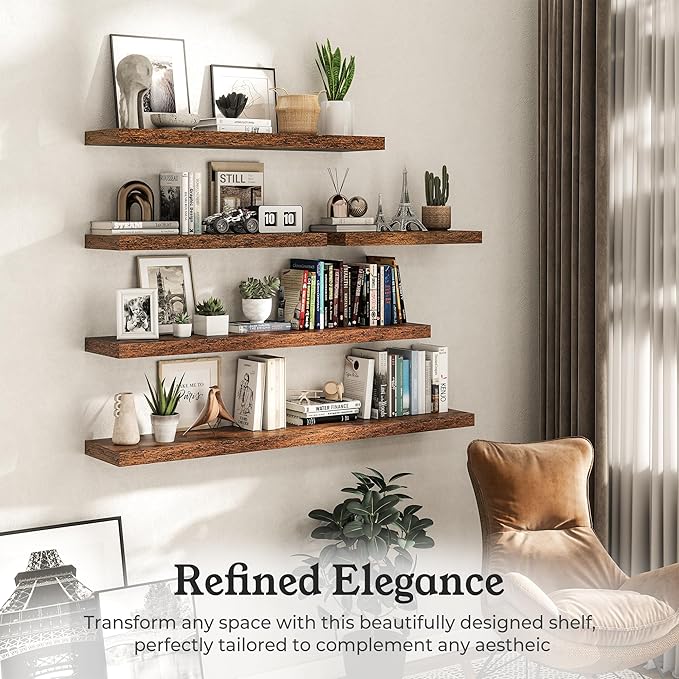 Floating Shelves for Wall, 7.9" Deep Wall Mounted Wood Shelves for Bathroom, Bedroom, Living Room, Kitchen, Hanging Shelf for Books/Storage/Room Decor (Brown, 16")