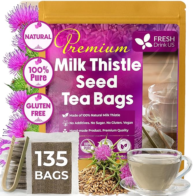 FreshDrinkUS, Premium 135 Milk Thistle Tea Bags, 100% Natural & Pure from Milk Thistle Seeds. Milk Thistle Seed Herbal Tea. Made with Natural Material Tea Bags. No Sugar, No Caffeine, No Gluten, Vegan.