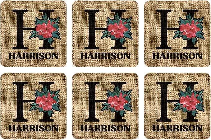 Smile Art Design Family Monogram Custom Coaster Set of 6 with Base Square Burlap Material Family Name Personalized Prints Personalized Gifts House Warming Wedding Gift Living Room Rustic Decor Style6