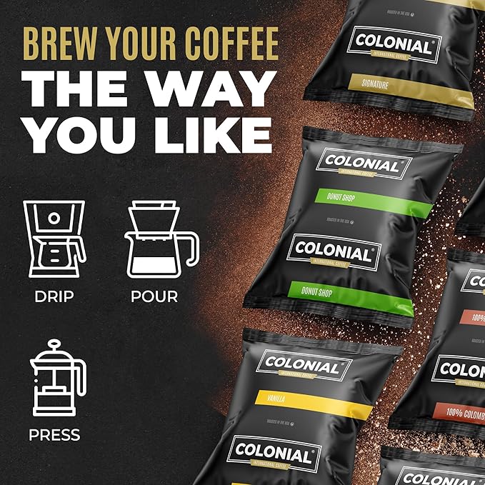 Colonial Coffee 100 Count Single Pot Coffee Packets – 100% Arabica Vanilla Flavored Medium Roast | Pre-Measured Frac Packs for 12 Cup Maker | Bulk Ground Gourmet Coffee for Home & Office