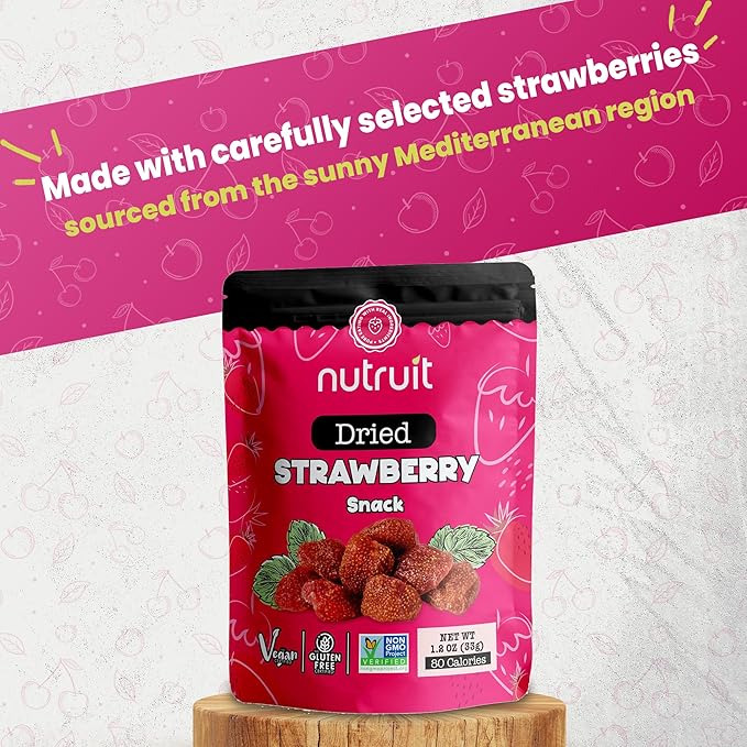 Nutruit Dried Strawberry Snack (Pack of 20) No Added Sugar, Healthy Fruit Snacks, Fresh, Vegan, Gluten Free, Non GMO, Plant Based, High Fiber, 1.1 oz Packs