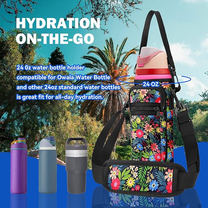 Neoprene Water Bottle Holder Bag with Cell Phone Pocket Compatible with Owala FreeSip 24 oz，Water Bottle Carrying Bag ，with Adjustable Shoulder Strap,for 24oz Stainless Steel Water Bottle