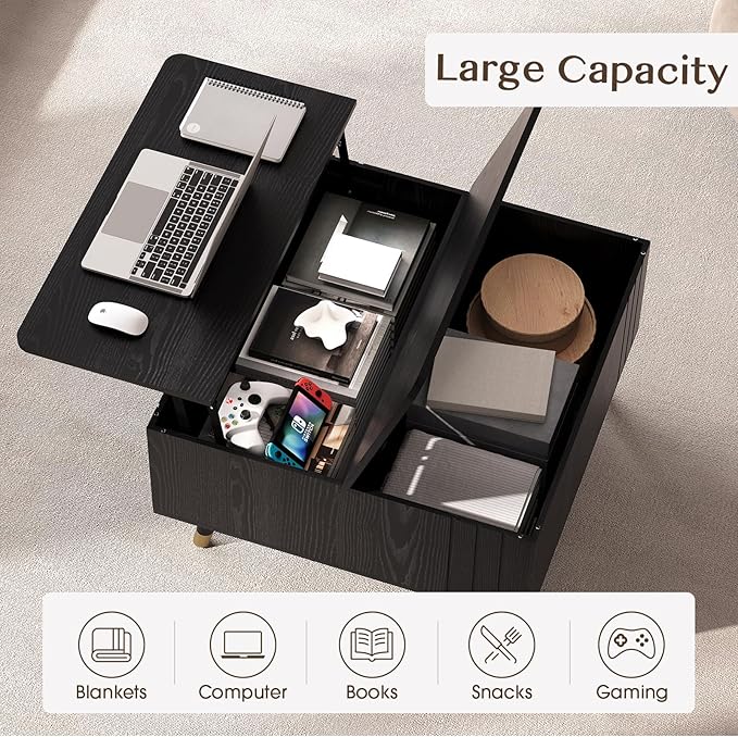 32" Square Lift Top Coffee Table with Storage, Modern Black Center Table for Living Room, Minimalist Wood Cocktail Table with Rising Desktop, Home Office