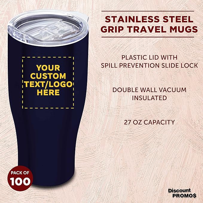 DISCOUNT PROMOS 100 Stainless Steel Grip Travel Mugs Set, 27 oz. - Customizable Text, Logo - Vacuum Insulated, Plastic Lid - Blue