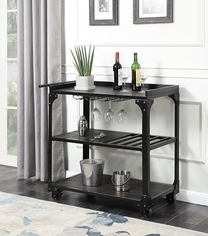 Steve Silver Furniture Sherlock Bar Cart Server, 3-Tier, Industrial Accent Design, Distressed Dark Charcoal Finish, Rustic Styling, Bottle Rack, for Kitchen, Dining Room, 20" D x 40" W x 36" H, Black