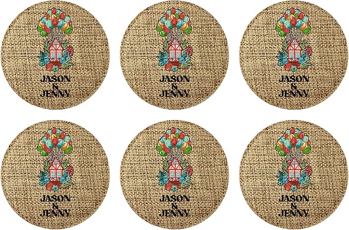 Smile Art Design Couple Names Custom Coaster Set of 6 with Base Round Burlap Material Home Design Personalized Prints Personalized Gifts House Warming Wedding Rustic Decor Style10
