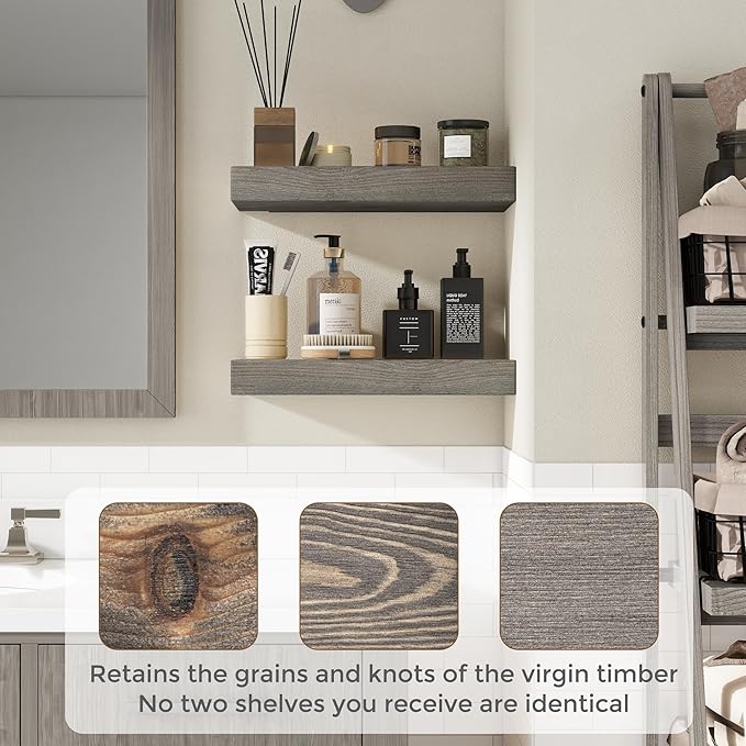 Marsmiles Floating Shelves for Wall - Small Grey Wood Floating Shelves Set of 2-16 Inch Wide x 7.7 Inch Deep x 1.6 Inch Thick Rustic Grey Wooden Shelves for Room Wall
