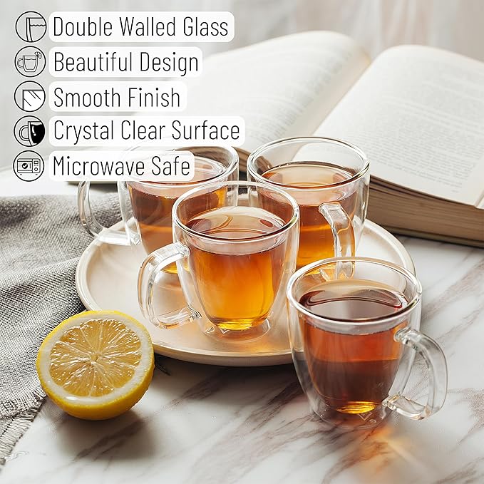 BTaT- Double Walled Glass Coffee Mugs, 16 oz, Set of 6, Glass Coffee Cups with Handle, Insulated Clear Coffee Mug for Hot and Cold Beverages, Cappuccino, Latte, Tea, Americano, Microwave Safe