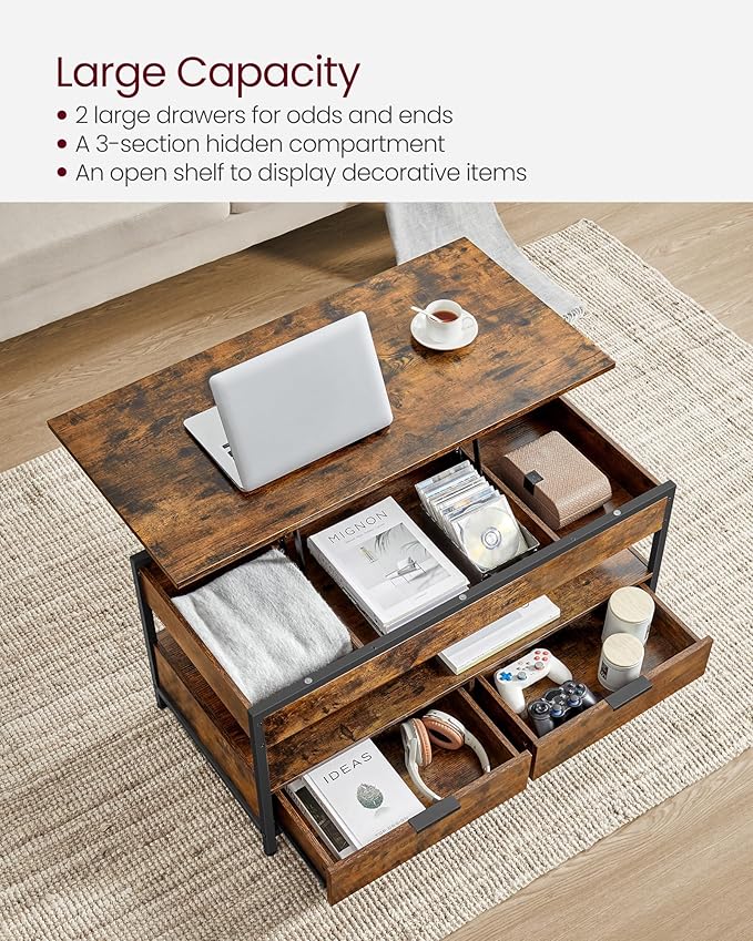 VASAGLE Lift Top Coffee Table with Storage Drawers, Coffee Table for Living Room with Lifting Top, Hidden Compartments and Open Shelf, Rustic Brown and Ink Black ULCT209K01