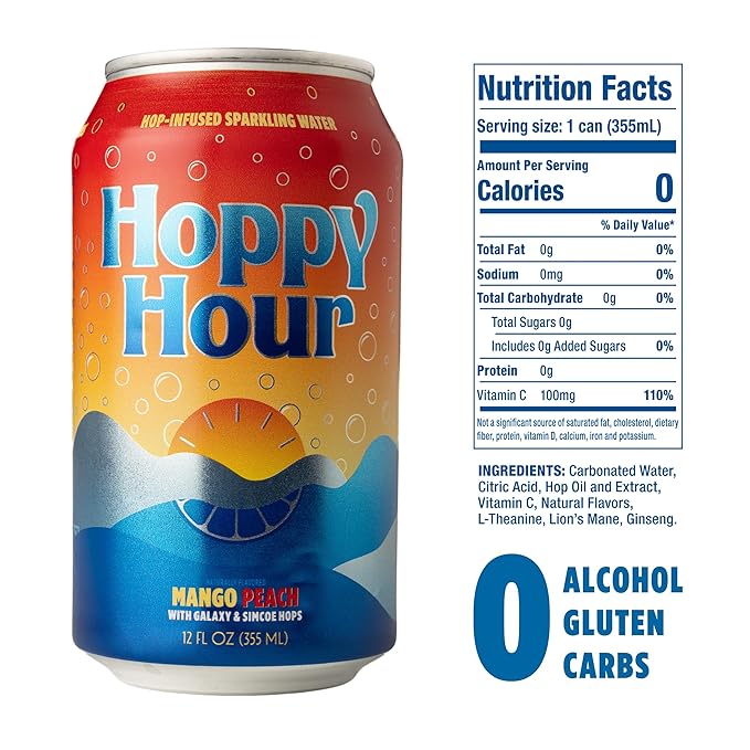 Hoppy Hour Sparkling Hop Water, Non-Alcoholic and Adaptogens Drink, Zero Sugar and Calories, Refreshing Mango Peach Flavor, 12 oz Cans (12-Pack)