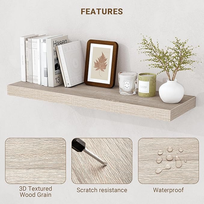 32 Inch Floating Shelves, 3D Textured Wood Grain, 32"x9.25"x1.5" Inch Deep Floating Shelves for Wall, Wooden Shelves for Bathroom, Bedroom, Living Room, Vintage White Oak, 2 Pieces