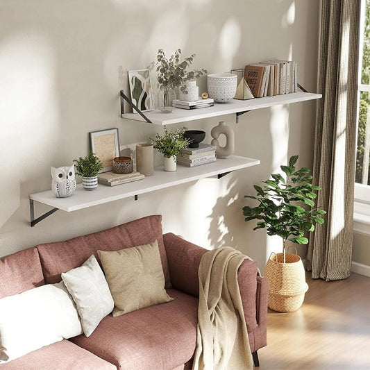 Deep Floating Shelves Wall Mounted, 55"x12" White Wall Shelves with Brackets Set of 2 for Bedroom, Living Room, Bathroom, Kitchen, Office - Storage & Display Shelf for Decor, Books, Plants