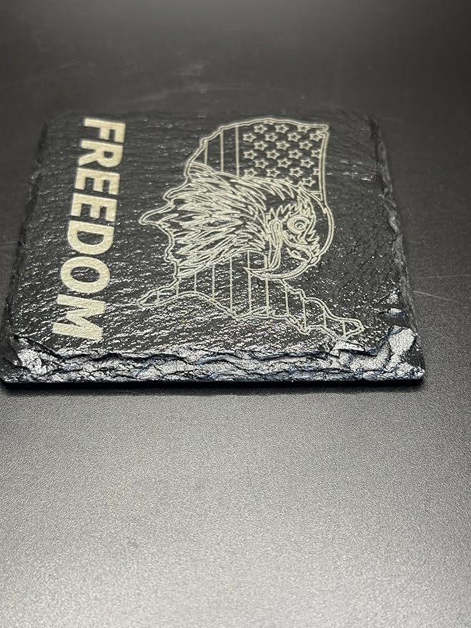 American Flag Bald Eagle Freedom Slate Coasters, Set of 4, Black Natural Stone Drink Coasters
