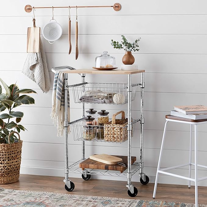 Amazon Basics 3-Tier Metal Basket Rolling Utility Cart with Wood Top, Kitchen Storage Organizer, Portable, Silver