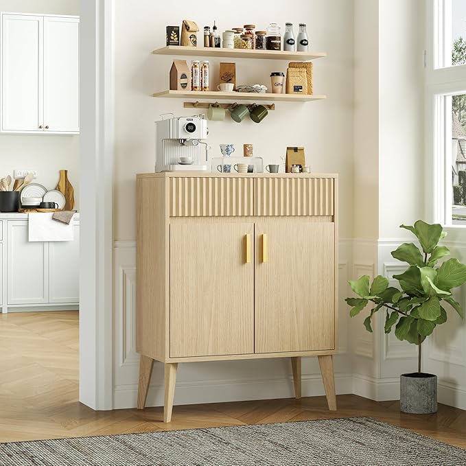 Sideboard Storage Cabinet with 2 Drawers & 2 Doors, Fluted Kitchen Buffet Cabinet with Adjustable Shelves, Coffee Bar Station for Living Room, Entryway, 13.8 x 27.6 x 35.6 in., Natural Wood