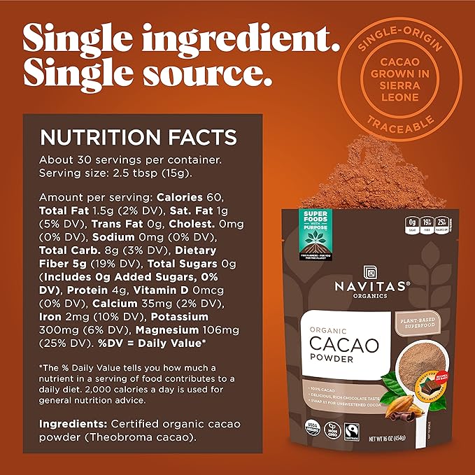 Navitas Organics Cacao Powder, Bags, 30 Servings, 1 Pound (Pack of 1), 16 Ounce