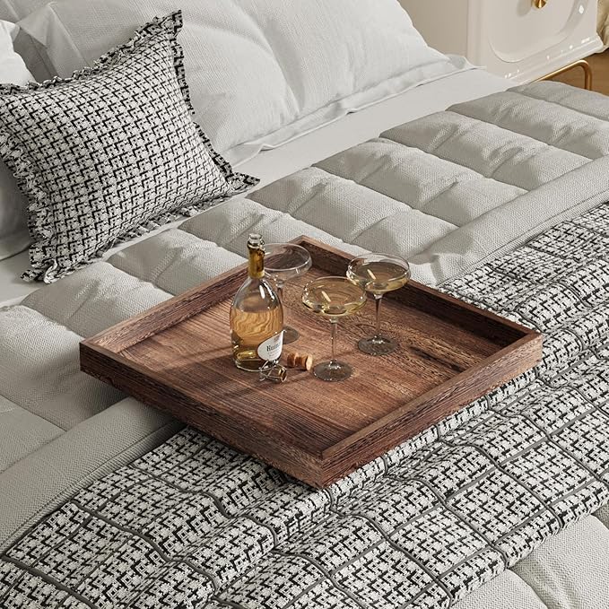 Ottoman Tray for Coffee Table Living Room Wood Serving Tray Large Wooden Square 20 Inches Rustic Brown