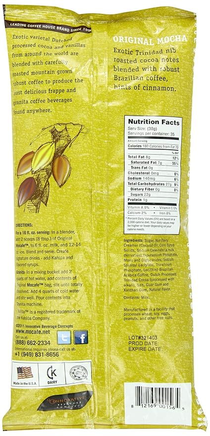 MOCAFE Mocha Frappe Powder Mix, Instant blended iced coffee latte, 3lb bulk bag