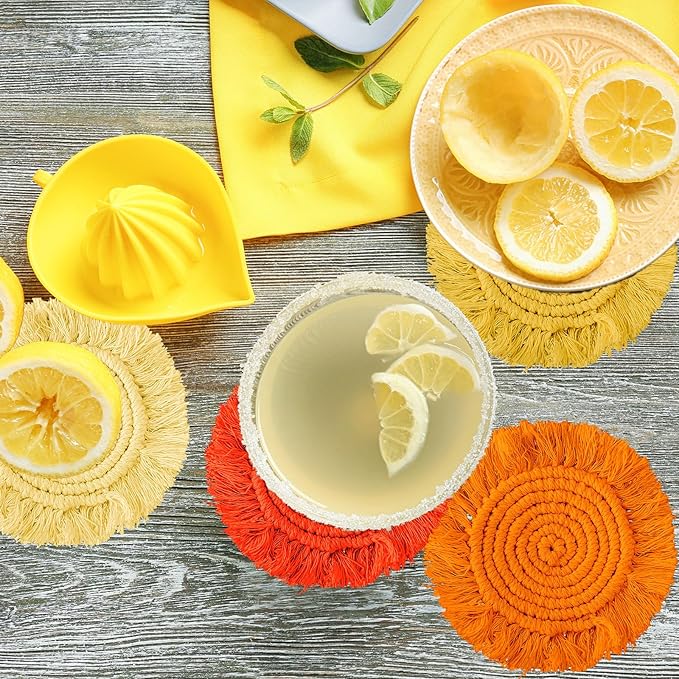 Whaline 4Pcs Boho Macrame Coasters Yellow Orange Handmade Woven Drink Coasters Farmhouse Rustic Cup Mat Pad for Home Kitchen Office Fall Party Table Decor