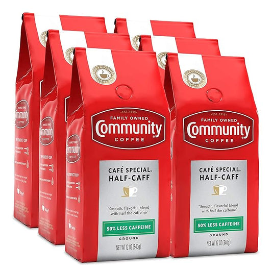 Community Coffee Half-Caff 72 Ounce, Ground Coffee, Medium Dark Roast, 12 Ounce Bag (Pack of 6)