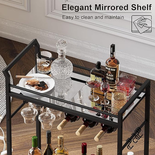 3 Tier Bar Cart, Small Beverage Cart, Mini Bar Cart with Wine Rack, Home Bar Serving Cart with Wheels for Kitchen Dining Living Room (Black, Mirrored)