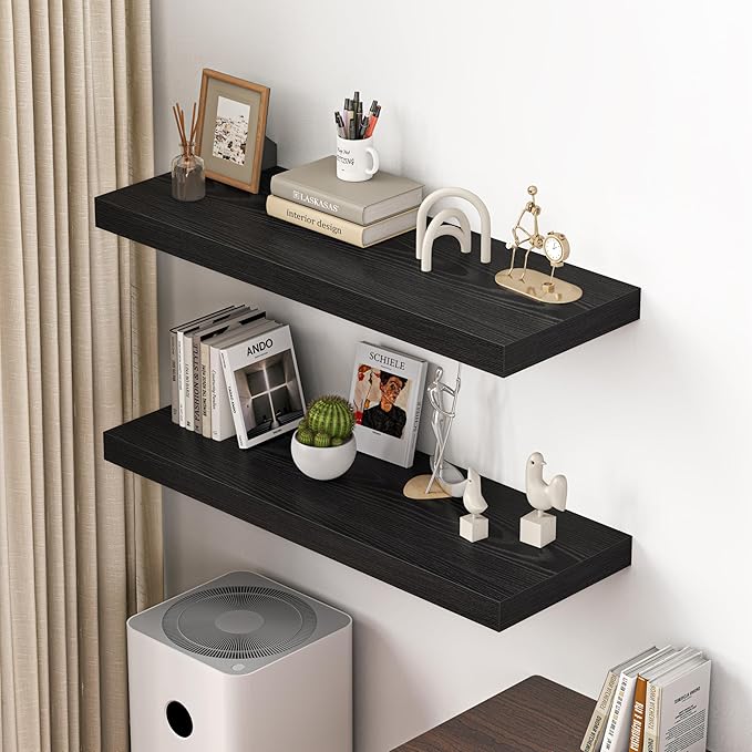 Dreamland 40" Floating Shelves for Wall, 12" Deep Thicker Black Floating Shelves, Wall-Mounted Shelves for Bedroom, Living Room, Kitchen, Bathroom - Set of 2