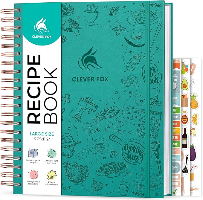 Clever Fox Recipe Book Spiral – Blank Family Cookbook – Empty Cooking Journal – Notebook Organizer to Write In Recipes – Large (Turquoise)