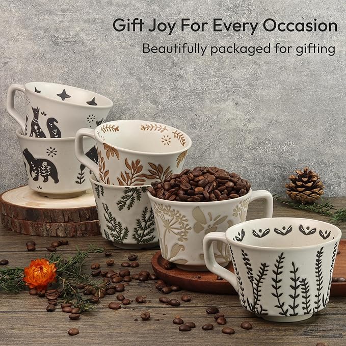LINVIA Ceramic Coffee Mug, 12 oz Novelty Unique Teacup with Handle, Stoneware Cup for Tea Mocha Latte Cappuccino Espresso (Set of 4, Butterfly Grass Ivy and Leaf) | Novelty, Unique Teacup, Large Handle, Tea, Mocha, Latte