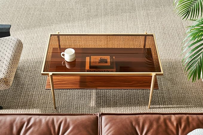 Shrine Rectangle Coffee Table, Mid-Century Modern Design, Two-Tier Walnut MDF Table, 39.4" D x 21.6" W x 17.3" H, Sleek Conical Metal Legs with Gold Finish