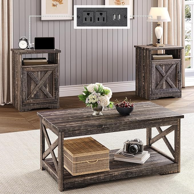 3-Piece Farmhouse Living Room Table Sets, Includes 1 x Coffee Table, 2 x End Tables with Charging Station & USB Ports, Rustic Coffee Table Set of 3, Black Oak