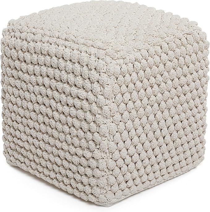 BIRDROCK HOME Bud Pouf Foot Stool Ottoman - Knit Bean Bag Floor Chair - Cotton Braided Cord - Great for The Living Room, Bedroom and Kids Room - Small Furniture