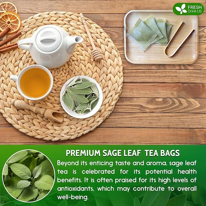 FreshDrinkUS, Premium 135 Sage Leaf Tea Bags, 100% Natural & Pure from Sage Leaves. Loose Leaf Herbal Tea. Made with Natural Material Tea Bags. No Sugar, No Caffeine, No Gluten, Vegan.