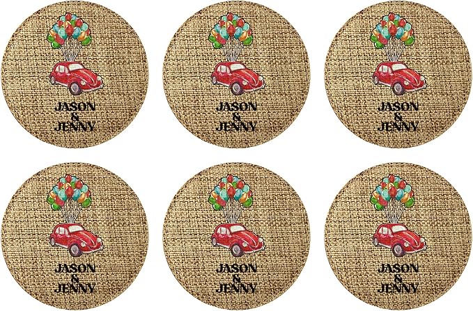 Smile Art Design Family Couple Names Custom Drink Coaster Set of 6 with Base Round Burlap Material Car Design Personalized Prints Personalized Gifts House Warming Rustic Decor Style9