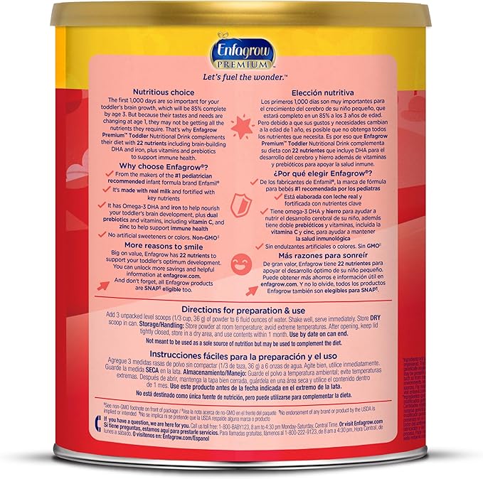 Enfagrow NeuroPro Toddler Nutritional Drink, Made with Real Milk, Brain-Building Omega-3 DHA, Nutrients and Prebiotics for Growth & Immune Support, Non-GMO, Toddler Milk Powder, 32 Oz Can (Pack of 2)