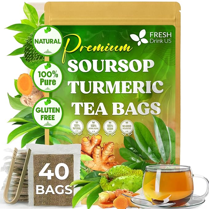 FreshDrinkUS, Premium 40 Soursop Turmeric Tea Bags, 100% Natural, Blend of Soursop Leaves, and Turmeric Root. Made with Natural Material Tea Bags. No Sugar, Vegan.
