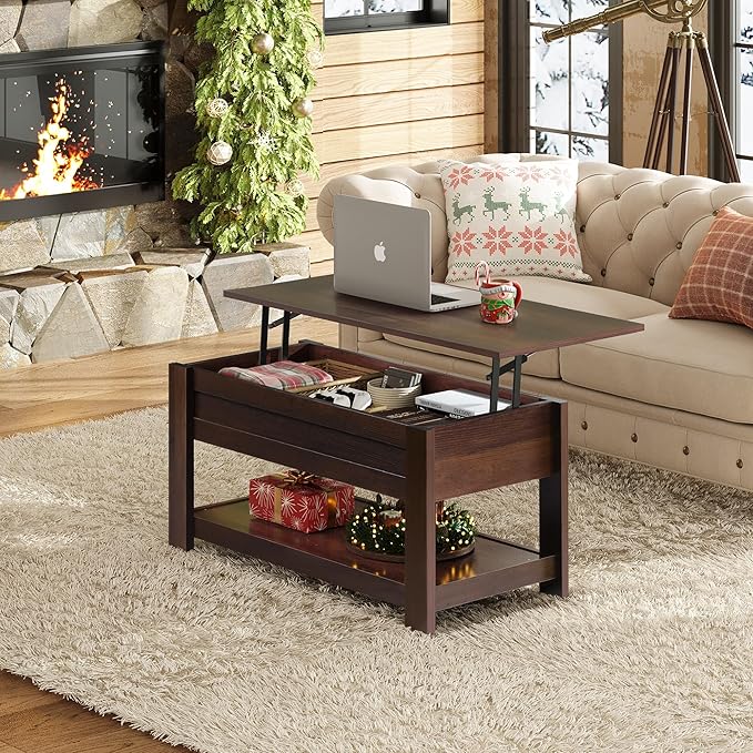 WLIVE Coffee Table, 39" Lift Top Coffee Table with Hidden Compartment, Storage Shelf and Lifting Top for Home Living Room, Office and Bedroom, Red-Brown