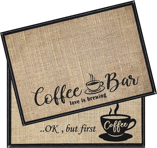 Cunhill 2 Pieces Coffee Bar Mat,Coffee Bar Accessories 20 x 14 Inch Coffee Bar Decoration Coffee Placemats for Coffee Machine, Coffee Bar, Countertops,Coffee Station Accessories(First Coffee)