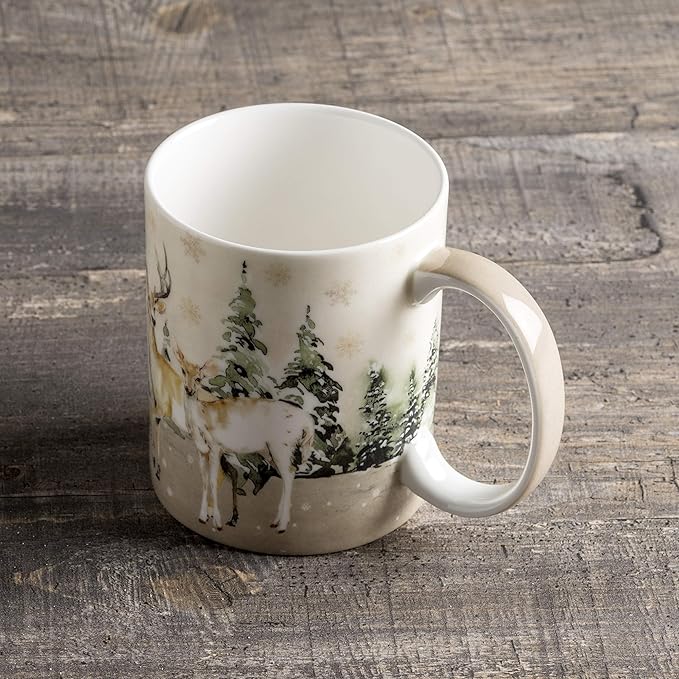 Maison d' Hermine Coffee Mug with Handles Fine Bone China Mugs Pack of One Tea Cups for Hot Beverages Cappuccino Latte Home Office Perfect for Gift (Deer In The Woods - Forest Deer, 15 Ounce)