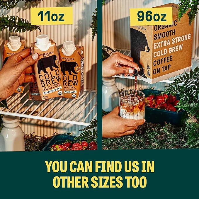 Wandering Bear Organic Cold Brew Coffee Variety Pack - Extra Strong, Bold, Smooth, Unsweetened, Shelf-Stable, Ready to Drink, Iced Cold Brewed Coffee Drink - 32 fl oz (3pk - Vanilla, Caramel, Mocha)
