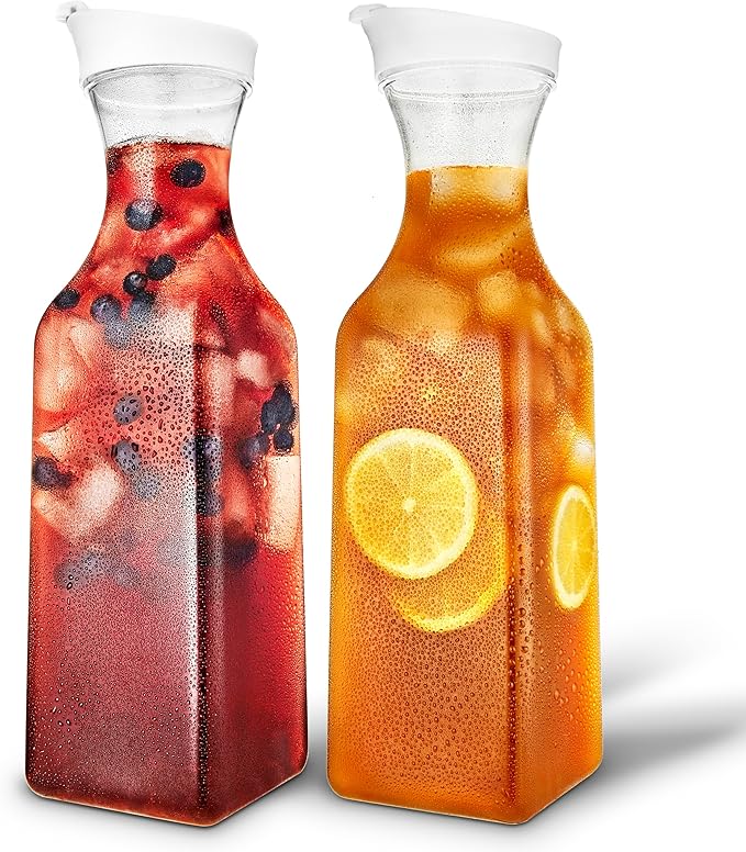 Plastic Juice Carafe with Lids (Set of 2) 50 oz Carafes for Mimosa Bar, Drink Pitcher with Lid, Water Bottle, Milk Container, Clear Beverage Containers for Fridge, Pantry Storage, Square Pitchers