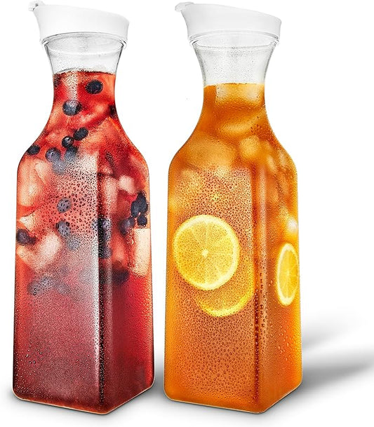 Plastic Juice Carafe with Lids (Set of 2) 50 oz Carafes for Mimosa Bar, Drink Pitcher with Lid, Water Bottle, Milk Container, Clear Beverage Containers for Fridge, Pantry Storage, Square Pitchers