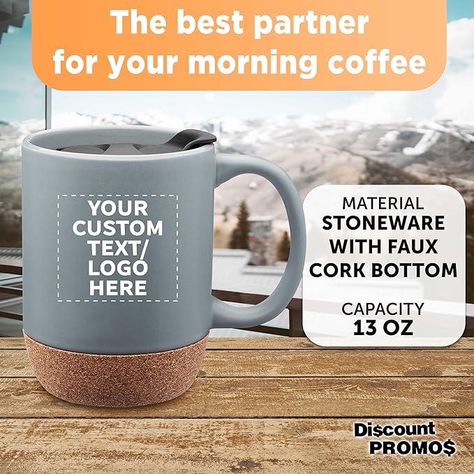 Custom Barista Ceramic Mugs with Cork Bottom 13 oz Set of 12/36/72 Personalized Bulk Pack Perfect for Coffee Tea Espresso Hot Cocoa Other Beverages - Grey