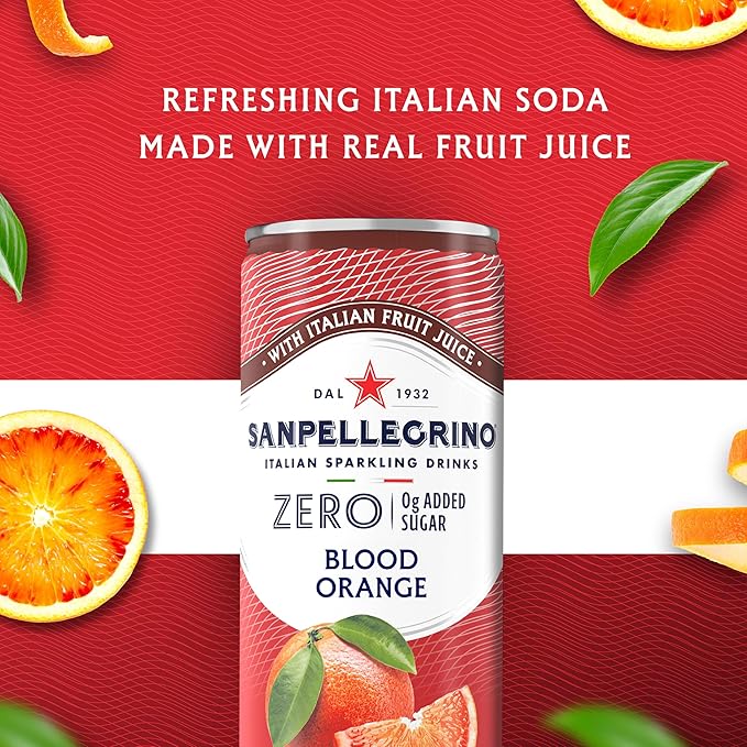 Sanpellegrino Zero Grams Added Sugar Italian Sparkling Drinks Blood Orange, Sparkling Orange and Blood Orange Beverage, 24 Pack of 11.15 Fl Oz Cans