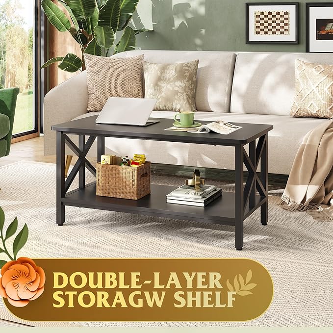 WLIVE Coffee Table for Living Room, 39" Modern 2-Tier Center Table with Round Corners, Storage Shelf, Farmhouse Style Small Coffee Table with Metal Frame, Black