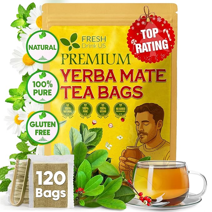 FreshDrinkUS, Yerba Mate Tea Bags | 120 Tea Bags | Traditional South American Herbal Tea – Smooth & Refreshing Flavor – Premium Quality, Sustainably Sourced. Vegan.