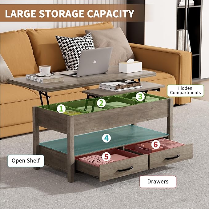 42'' Lift Top Coffee Table, 4-in-1 Multifunctional Lift Coffee Table with Storage & Hidden Compartments, Farmhouse Coffe Table with Lifting top for Living Room, Dining Reception Room, Grey